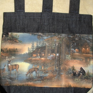 New Handmade Denim Walker tote Bag Bears Outdoors Cabin Theme Great for Men