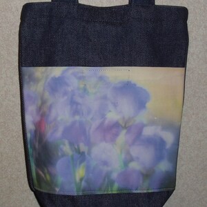 New Handmade Iris watercolor flowers Original Photo Photograph Fabric Small Denim Tote Bag