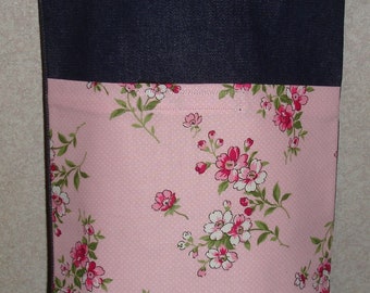 New Small Handmade Pink Flowers Floral Garden Denim Tote Bag Purse