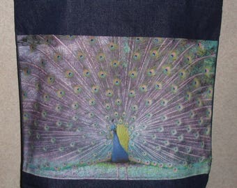 New Handmade Peacock Bird Original Photograph Photo Large Denim Tote Bag