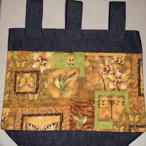 New Handmade Denim Walker tote Bag Dragonfly Hummingbird Dogwood Nature Theme