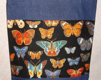 New Large Handmade Butterfly Gold Thread Denim Tote Bag