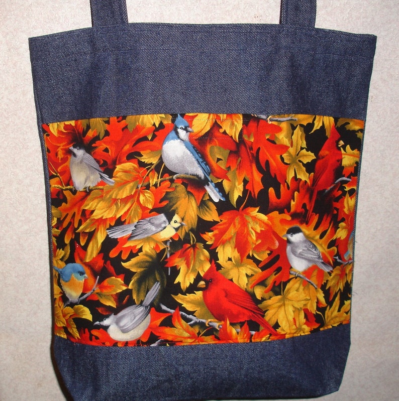 New Large Handmade Wild Bird Finch Fall Leaves Leaf Denim Tote Bag image 1