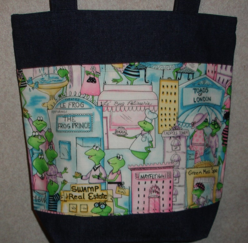 New Medium Handmade Whimsical Toads of London Denim Tote Bag