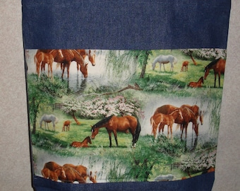 New Handmade Large Horse Farm Spring Dogwood Denim Tote Bag