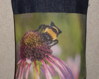 New Handmade Bumble Bee Coneflower Prairie Original Photo Photograph Fabric Small Denim Tote Bag