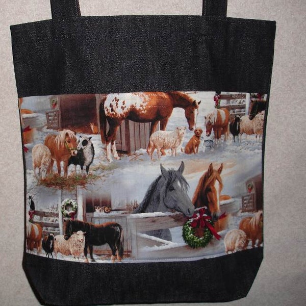 New Large Handmade Denim Tote Bag Christmas Horse Stables Theme