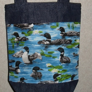 New Handmade Small Denim Tote Bag Packed Birds Loons Lake Theme