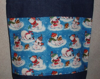 New Large Handmade Whimsical Polar Bears Holiday Winter Denim Tote Bag