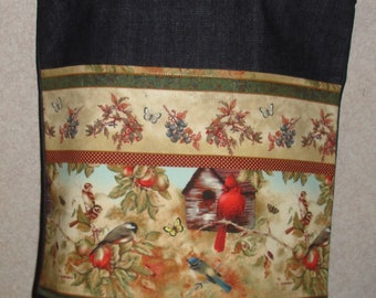 New Medium Handmade Cardinal Birdhouse Scene Denim Tote Bag