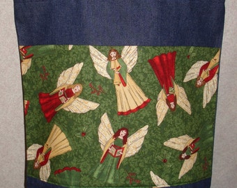 New Handmade Christmas Angels on Green Background Holiday Large Denim Tote Bag