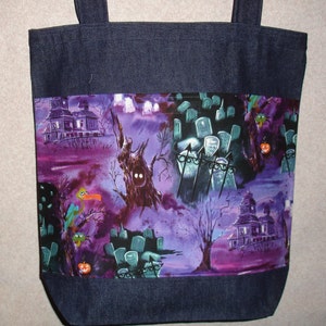 New Large Handmade Halloween Graveyard Funny Buzzard Denim Tote Treat Bag