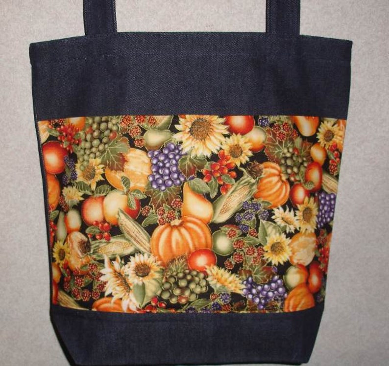 New Large Handmade Harvest Fall Veggies Pumpkin Fruits Denim Tote Bag image 1