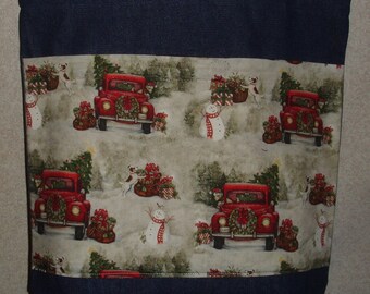 New Large Handmade Christmas Country Red Trucks Snowman Holiday Denim Tote Bag