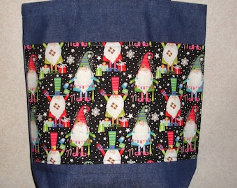 New Medium Handmade Gnome Gnomes Holiday Christmas Denim Tote Bag