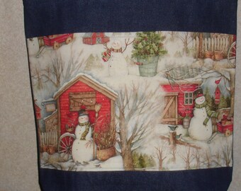 New Large Handmade Christmas Country Snowman Red Barns Holiday Denim Tote Bag