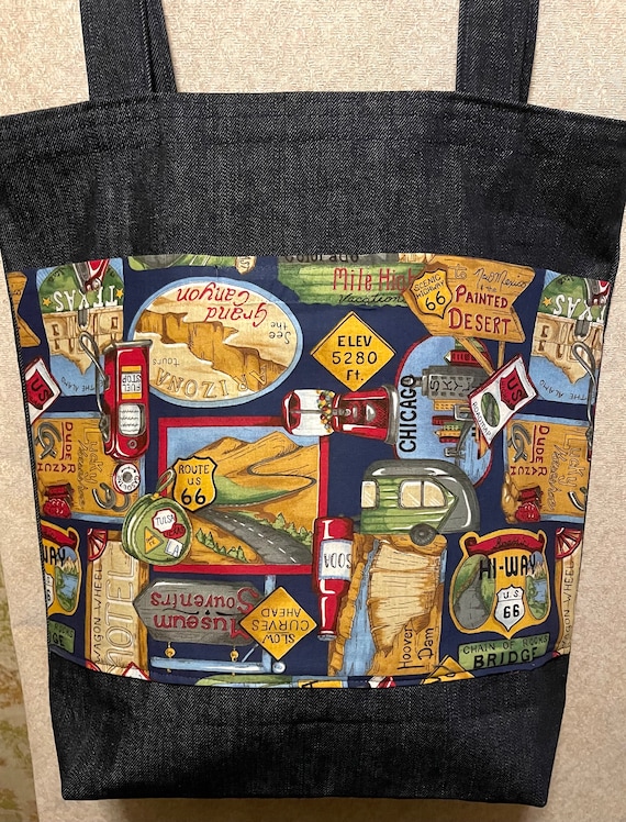 Route 66 Tote Bag Large Handmade Denim Landmarks America - Etsy