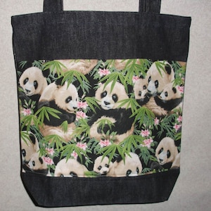 New Handmade Panda Bear Wildlife Large Denim Tote Bag