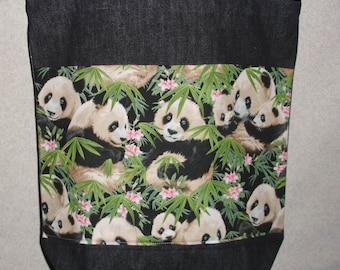 New Handmade Panda Bear Wildlife Large Denim Tote Bag