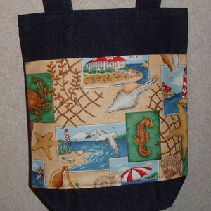 New Small Handmade Beach Sea Print Denim Tote Bag