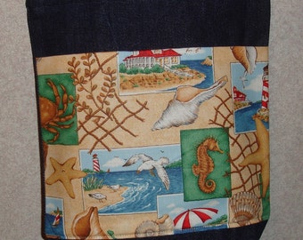 New Small Handmade Beach Sea Print Denim Tote Bag