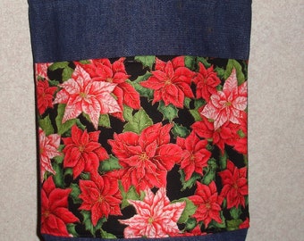 New Small Handmade Christmas Holiday Poinsettia Denim Tote Bag Purse