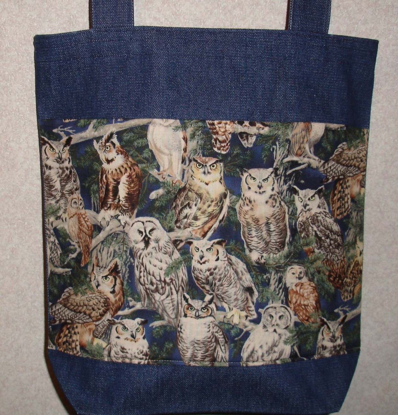 New Medium Handmade Owl Backyard Bird of Prey Wildlife Denim Tote Bag