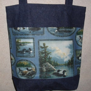 New Handmade Large Denim Tote Bag Birds Loons Theme