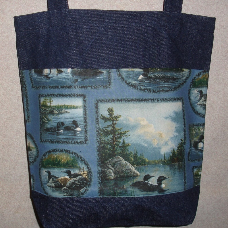 New Handmade Large Denim Tote Bag Birds Loons Theme image 1