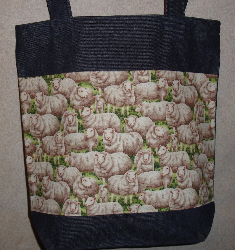 New Handmade Large Sheep Lamb Farm Denim Tote Bag