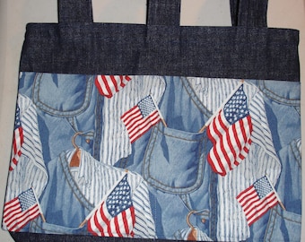 New Handmade Denim Walker tote Bag Flag Patriotic Overalls Theme