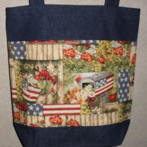 New Large Handmade American Patriotic Flag Mailbox Flowers USA Print Denim Tote Bag