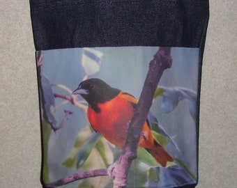 New Handmade Oriole Songbird Original Photo Photograph Fabric Small Denim Tote Bag