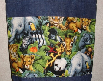 New Handmade Large Reusable Denim Tote Bag Endangered Wildlife Animals Conservation Theme