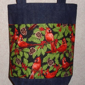 New Small Handmade Christmas Cardinals PineCones Holly Denim Tote Bag Purse