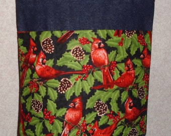 New Small Handmade Christmas Cardinals PineCones Holly Denim Tote Bag Purse