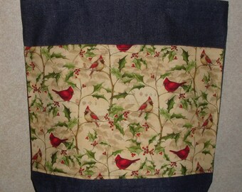 New Large Handmade Christmas Cardinal Holly Beige Bkgd Denim Tote Bag