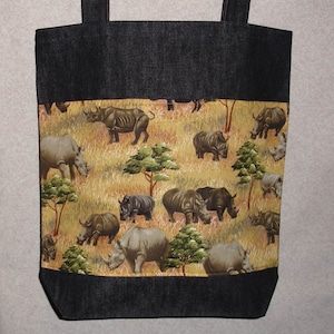 New Handmade Large Denim Rhino Rhinoceros Wildlife Denim Tote Bag