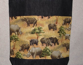 New Handmade Large Denim Rhino Rhinoceros Wildlife Denim Tote Bag