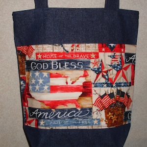 New Large Handmade American Patriotic God Bless America Flag USA Print Denim Tote Bag