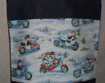 New Large Handmade Biker Motorcycle Snowman Snowmen Holiday Winter Christmas Denim Tote Bag