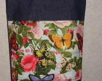 New Small Handmade Butterfly Rose Garden Denim Tote Bag Purse