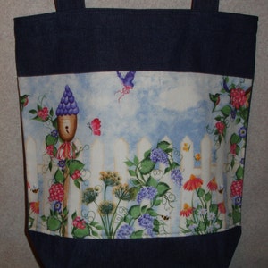New Large Handmade Hummingbird Flower Garden Denim Tote Bag