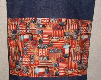 New Large Handmade Route 66 Signs America Flag Denim Tote Bag