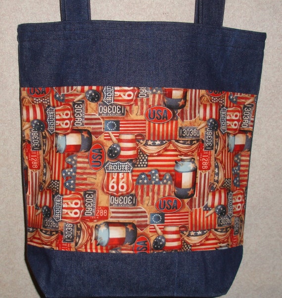 New Large Handmade Route 66 Signs America Flag Denim Tote Bag - Etsy
