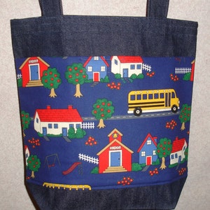 New Handmade Medium School Playground Teacher Bus Denim Tote Bag