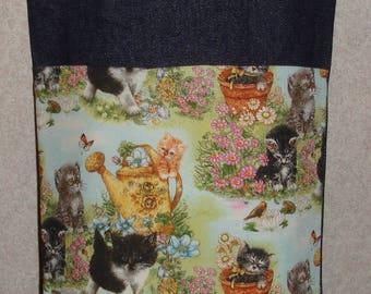 New Small Handmade Cat Kittens Whimsical Garden Pet Denim Tote Bag