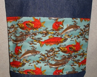 New Large Handmade Fish Salmon Fisherman Denim Tote Bag