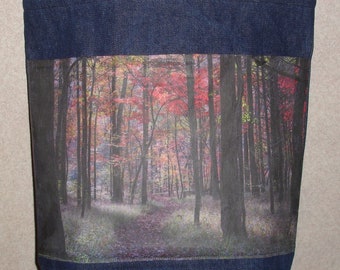 New Handmade Glowing Fall Colors Trees Path Ozark Original Photograph Devil's Den State Park Photo Large Denim Tote Bag