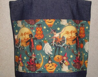 New Large Handmade Classic Halloween Theme Witch Pumpkins Fun Jack O Lantern Treat Denim Tote Bag